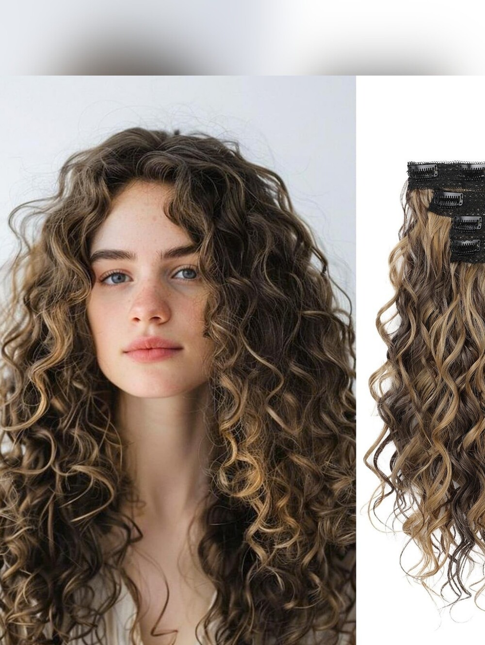 REECHO 16” Curly Clip In Hair‎ Extensions Brown Blonde Highlights 4PCS